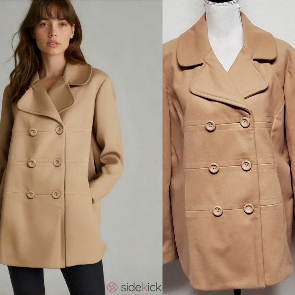 GAP Tan Virgin Wool Blend Wide Notched Collar Double Breasted Peacoat Overcoat
